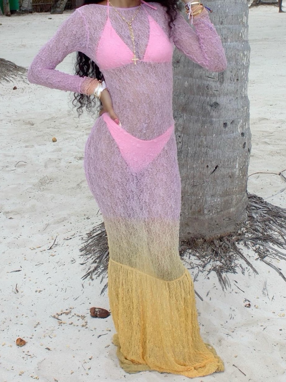 Sheer Ombre Maxi Swim Cover-Up in Lavender and Yellow with Pink Bikini